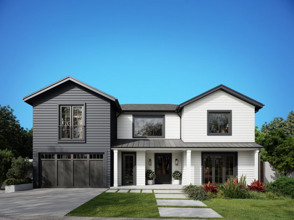 Quiet luxury home exterior featuring crisp lap siding, layered neutral colors, and sleek black window frames.