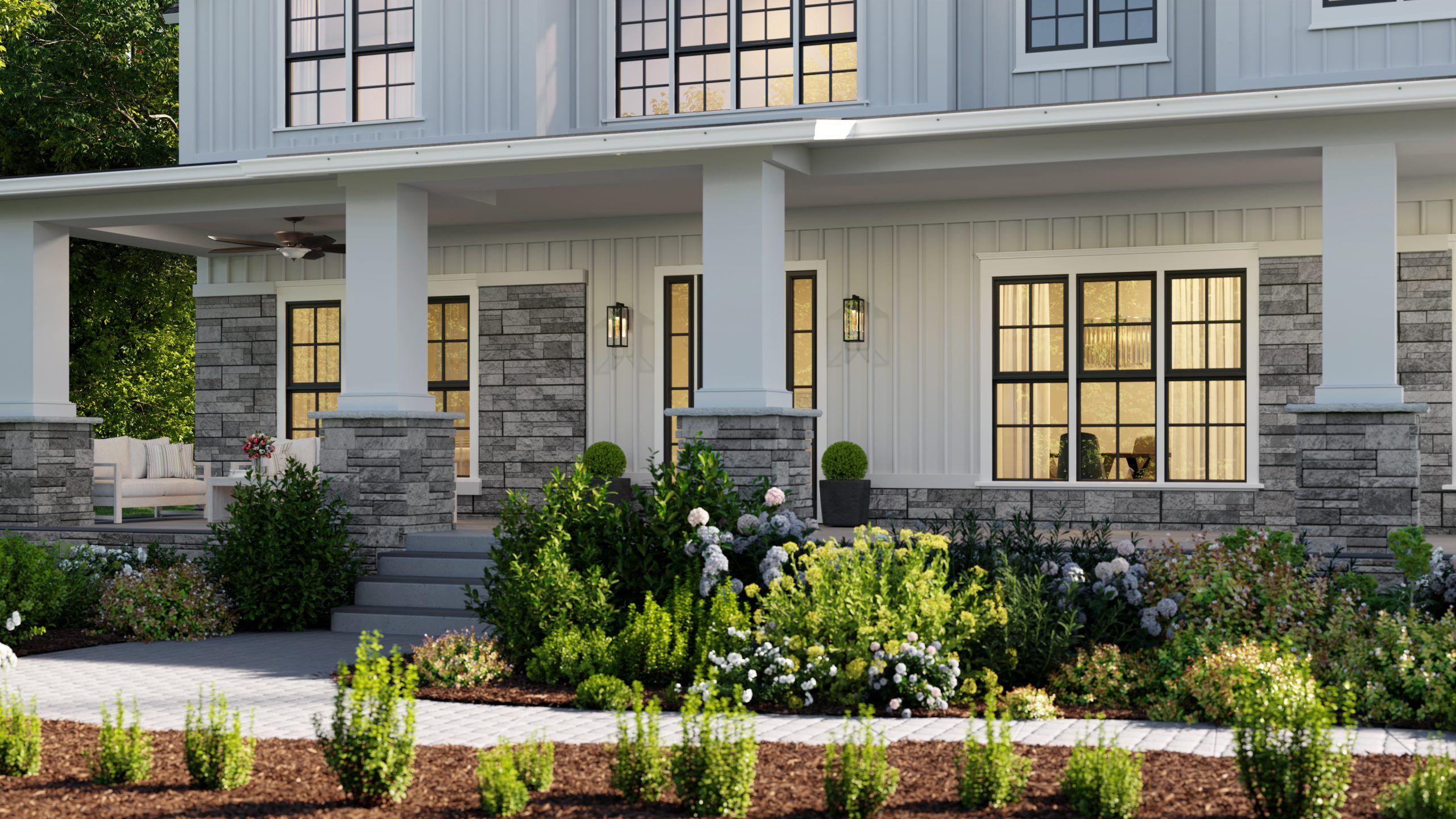 Home exterior featuring Versetta Stone in a Tight-Cut profile and Granite Peak color, demonstrating a low-maintenance siding option that is easy to clean.