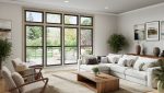 Sleek black window frames creating sharp contrast in a quiet luxury living room with warm neutrals.
