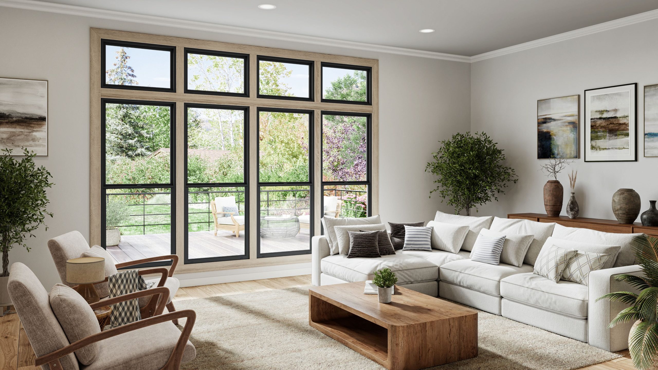 Sleek black window frames creating sharp contrast in a quiet luxury living room with warm neutrals.