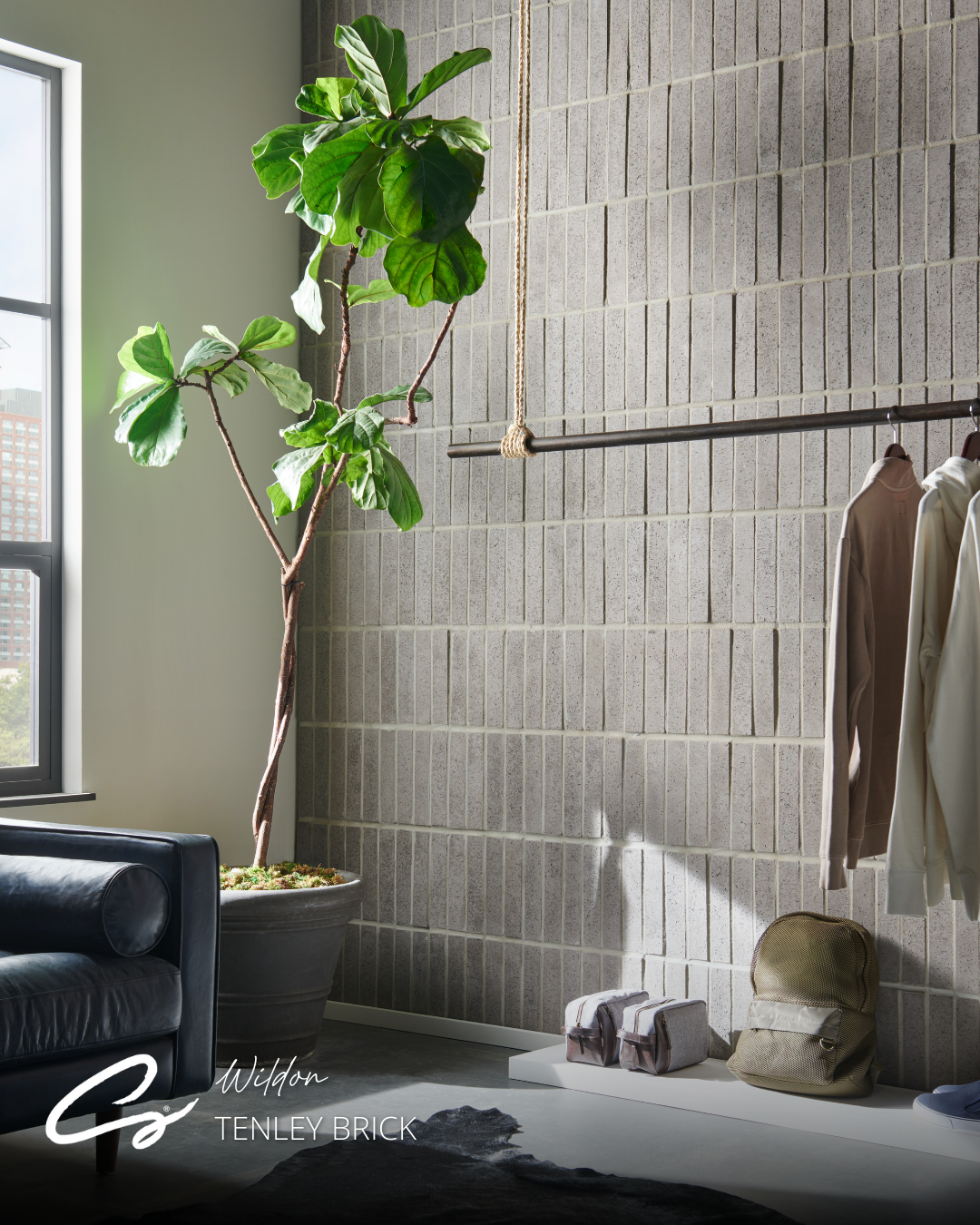 A room with a plant, brick wall, and clothing rack.