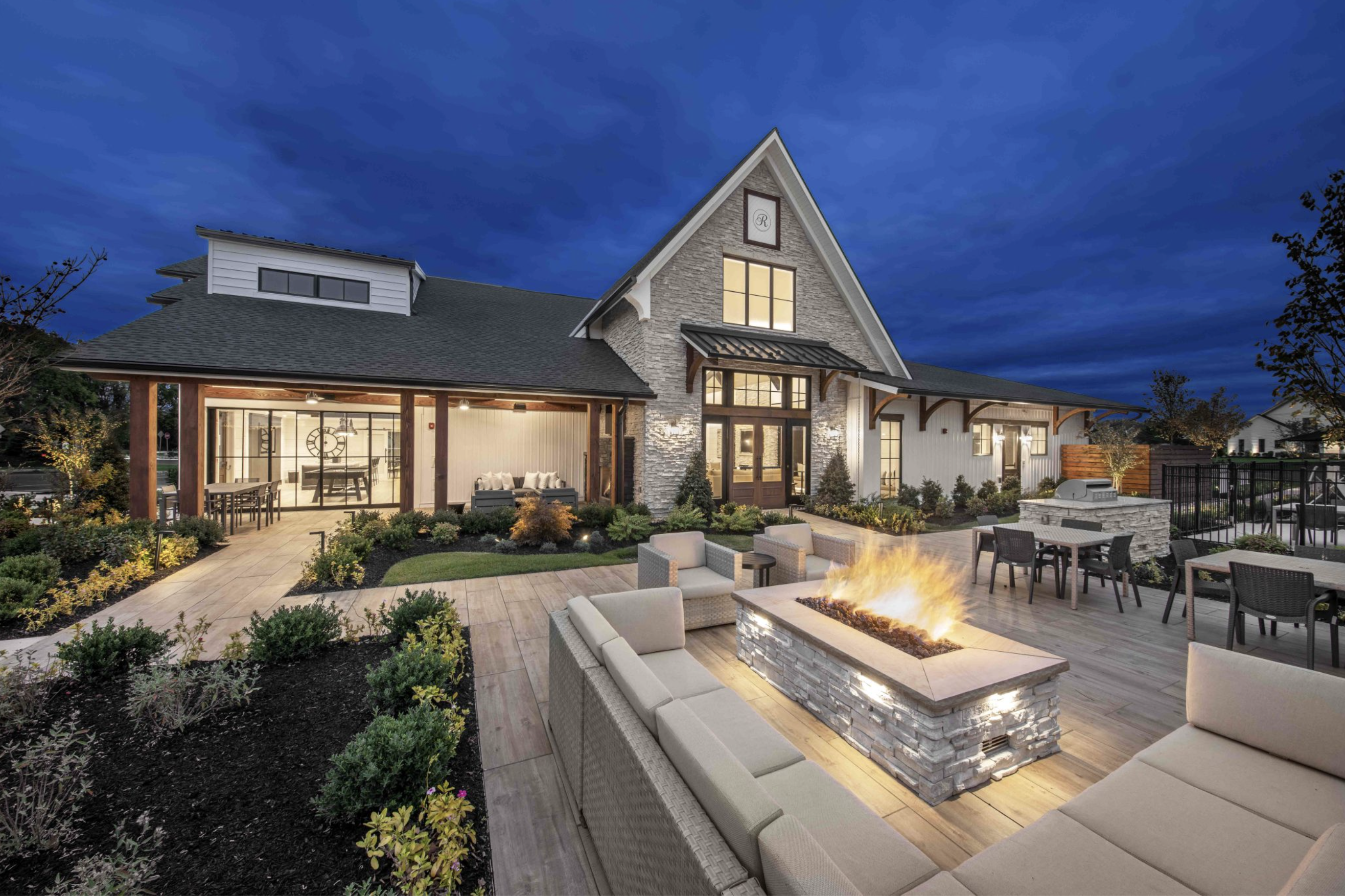 This linear fire feature is clad in Cultured Stone’s Winterhaven Pro-Fit Alpine Ledgestone for the Regency Creekside Meadows Clubhouse in Bath, PA. Image courtesy Taylor Photo.