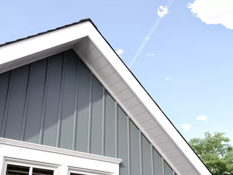 Roof of a home with white moulding 