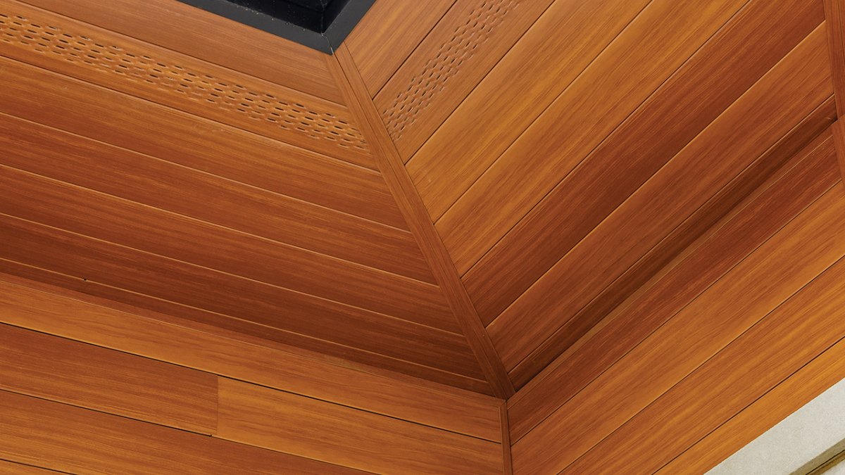 close up of cedar siding on an interior ceiling