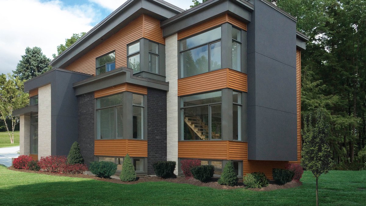 Cedar Renditions Siding in Cedar Bark and Wrought Iron on a modern-style home