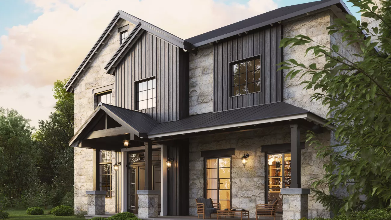 modern farmhouse with grey wooden and stone accents