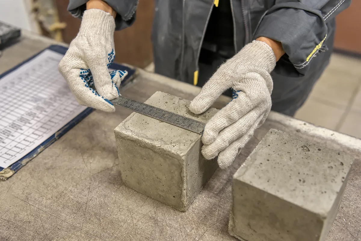 Technician measuring dimensions of concrete